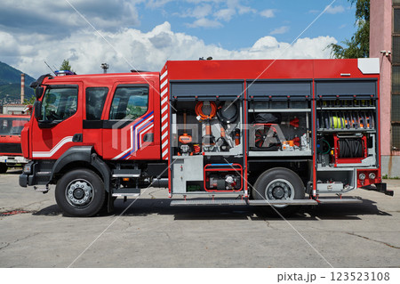 Close-up of essential firefighting equipment on a modern firetruck, showcasing tools and gear ready for emergency response to hazardous fire situations 123523108
