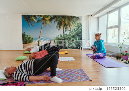 Senior Women Embrace Wellness: Yoga and Stretching in a Sunlit Space 123523302
