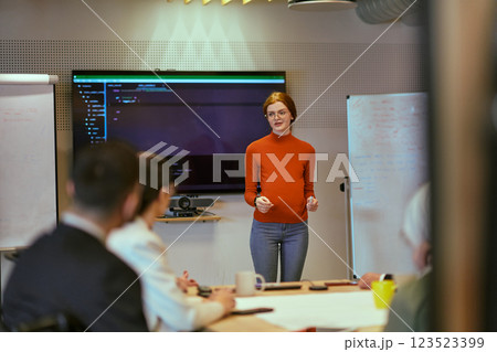 A pregnant business woman with orange hair confidently presents her business plan to colleagues in a modern glass office, embodying entrepreneurship and innovation 123523399