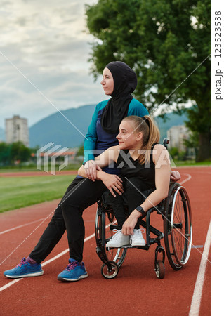 A Muslim woman wearing a burqa resting with a woman with disability after a hard training session on the marathon course A Muslim woman wearing a burqa resting with a woman with disability after a hard training session on the marathon course 123523538
