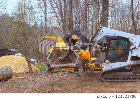 Workers use machinery to remove trees, process wood in forested location during deforestation 123523780