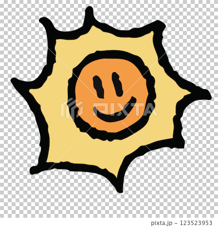 Hand drawn crayon illustration of happy sun for day time, summer break, sticker, picnic, park, beach vibe, icon, cute patch, hot season, warm weather, temperature, earth, nature, garden, outdoor 123523953