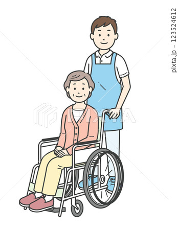 車椅子の高齢女性と介助ををする若い男性の全身イラスト 車椅子の高齢女性と介助ををする若い男性の全身イラスト 123524612