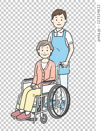 車椅子の高齢女性と介助ををする若い男性の全身イラスト 車椅子の高齢女性と介助ををする若い男性の全身イラスト 123524612