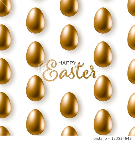 Happy Easter golden eggs pattern background. 3d realistic seamless vector gold egg isolated in white 123524648
