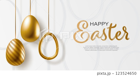 Happy Easter banner with realistic golden eggs in different design. 3d vector egg decoration banner 123524650