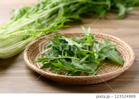 Mizuna, Water green, Japanese mustard green or spider mustard in basket on wooden background Mizuna, Water green, Japanese mustard green or spider mustard in basket on wooden background 123524909
