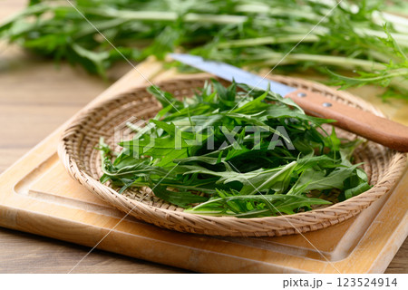Mizuna, Water green, Japanese mustard green or spider mustard in basket on cutting wooden board Mizuna, Water green, Japanese mustard green or spider mustard in basket on cutting wooden board 123524914