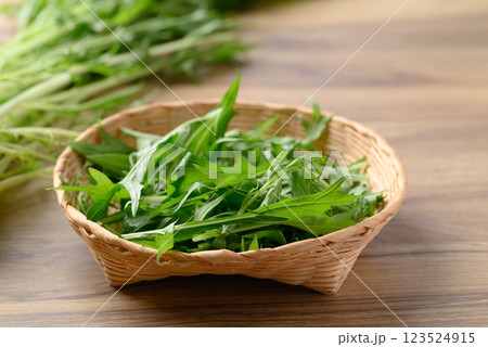Mizuna, Water green, Japanese mustard green or spider mustard in basket on wooden background 123524915