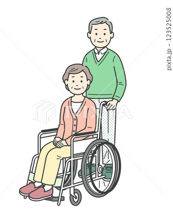 車椅子の高齢女性と介助をする高齢男性の全身イラスト 123525008