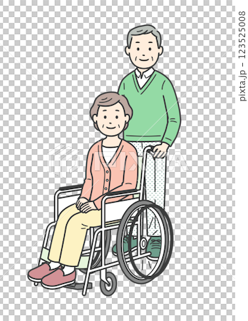 車椅子の高齢女性と介助をする高齢男性の全身イラスト 123525008