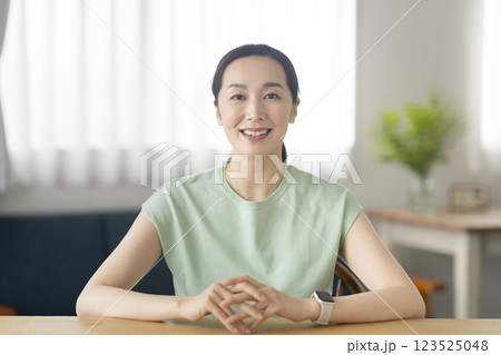 カメラ目線で話す30代の女性 123525048