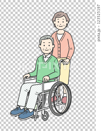 全身插圖：一位坐在輪椅上的老年男子和一位協助他的老年婦女 123525197
