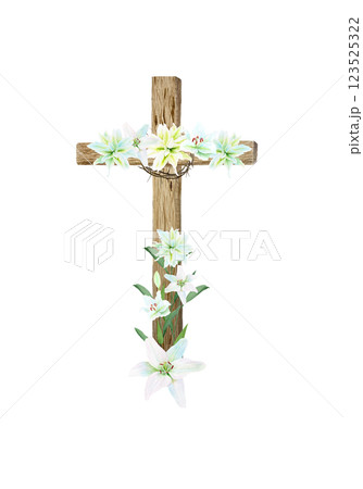 Cross with crown of thorns and white lily garland watercolor composition isolated on white. Illustration perfect for Easter, Holy Thursday, christening baptism, wedding cards, stickers decor design Cross with crown of thorns and white lily garland watercolor composition isolated on white. Illustration perfect for Easter, Holy Thursday, christening baptism, wedding cards, stickers decor design 123525322