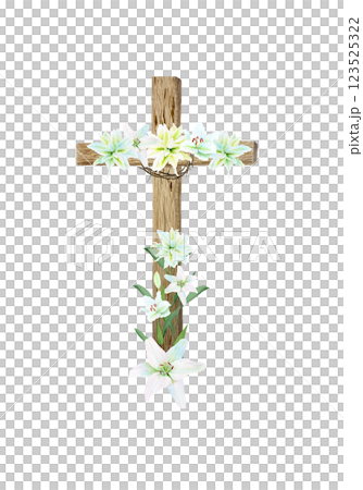 Cross with crown of thorns and white lily garland watercolor composition isolated on white. Illustration perfect for Easter, Holy Thursday, christening baptism, wedding cards, stickers decor design Cross with crown of thorns and white lily garland watercolor composition isolated on white. Illustration perfect for Easter, Holy Thursday, christening baptism, wedding cards, stickers decor design 123525322