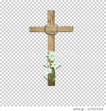 Wooden cross with crown of thorns and white lily watercolor composition isolated on white. Illustration perfect for Easter, Holy Thursday, christening baptism, wedding cards, stickers decor design Wooden cross with crown of thorns and white lily watercolor composition isolated on white. Illustration perfect for Easter, Holy Thursday, christening baptism, wedding cards, stickers decor design 123525324