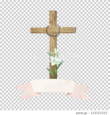 Wooden cross, crown of thorns and lily with empty banner watercolor composition isolated on white. Template perfect for Easter, Passover, Holy Thursday, christening baptism, wedding cards decor design 123525325