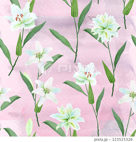 White lily flowers with green stems watercolor seamless pattern on pink watercolor background. High quality clip art perfect for Easter, mother's day, wedding cards, spring wrapping paper, textile 123525326