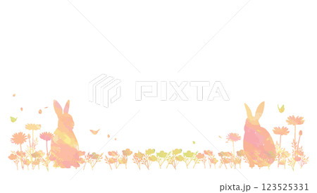 美しい春の花畑とウサギのフレーム背景イラスト　イースターバニーのシルエット 123525331