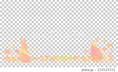美しい春の花畑とウサギのフレーム背景イラスト　イースターバニーのシルエット 123525331