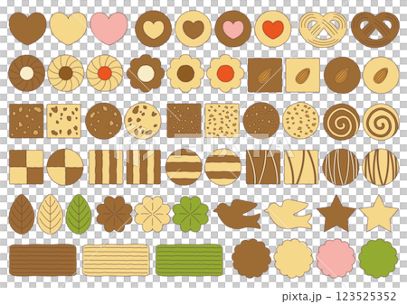 一組從上面看到的心形和 refou 等餅乾的插圖_帶有主線 123525352