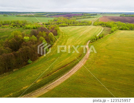 View of meadows and Fields of Central Russia on may gloomy day 123525957