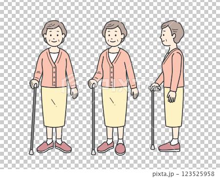 杖をつく高齢女性の全身イラスト 杖をつく高齢女性の全身イラスト 123525958
