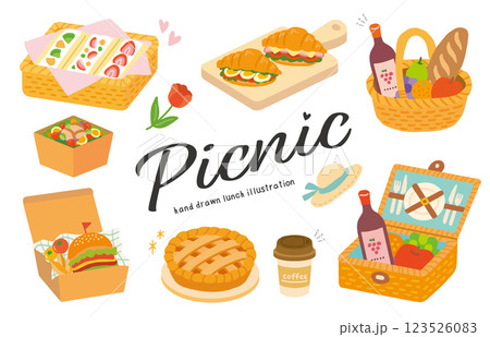 ピクニックのお弁当や食べ物の手書きイラスト 123526083