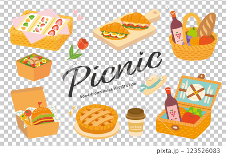 野餐午餐和食物的手繪插圖 123526083