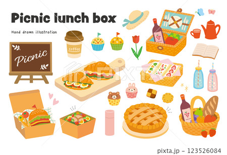 ピクニックのお弁当や食べ物の手書きイラストセット 123526084