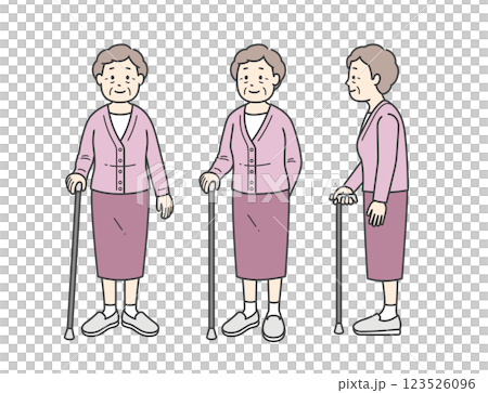 Full body illustration of a late elderly woman using a cane 123526096