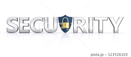 南京錠と盾でガードされるSECURITYの文字、セキュリティイメージ 南京錠と盾でガードされるSECURITYの文字、セキュリティイメージ 123526103
