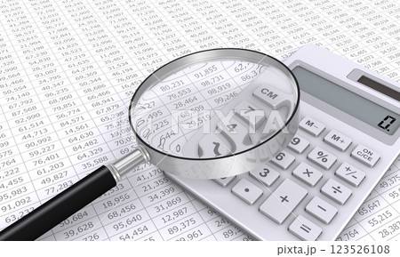 電卓と数字と虫眼鏡、事務・経理の計算イメージ 123526108