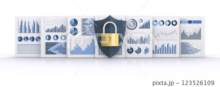 機密情報のプリントと盾と南京錠、ビジネス情報のセキュリティイメージ 123526109
