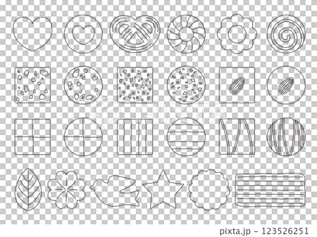 從上方看的心形和淺灘等餅乾的一組插圖_線條畫 123526251