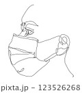 One continuous line drawing medical woman face mask. Concept of corona virus and PM2.5 dust. Illustration of a hand holding a pen in a sketch or vector style 123526268