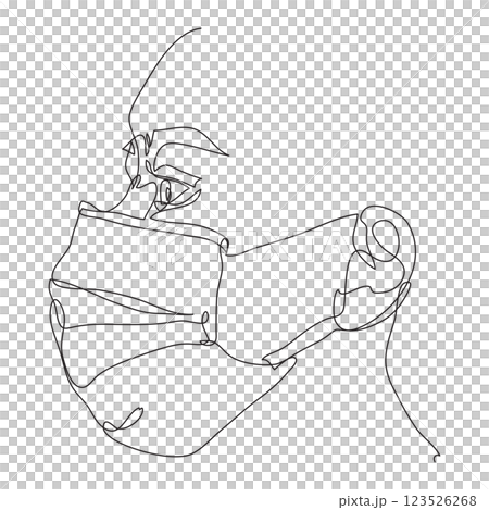 One continuous line drawing medical woman face mask. Concept of corona virus and PM2.5 dust. Illustration of a hand holding a pen in a sketch or vector style One continuous line drawing medical woman face mask. Concept of corona virus and PM2.5 dust. Illustration of a hand holding a pen in a sketch or vector style 123526268