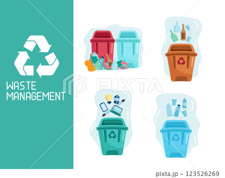 waste management, recycle garbage system, eco friendly element set vector illustration waste management, recycle garbage system, eco friendly element set vector illustration 123526269
