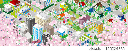 桜咲く春の街並みのイラスト. アイソメ図. 123526283