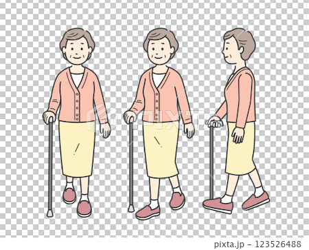 杖をついて歩く高齢女性の全身イラスト 123526488