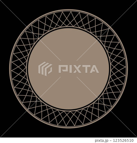Lacy gold round frame. Abstract round gold frame. Gold plate with abstract geometric pattern design. For round surfaces, laser cutting, engraving, porcelain, textile, embroidery, sandblasting. EPS  123526510