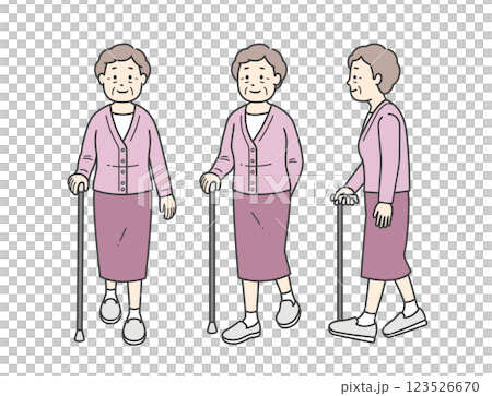 Full body illustration of a late elderly woman walking with a cane 123526670