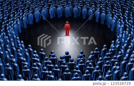 人型アイコンの円陣風景、1人の赤いアイコンを青い群衆が取り囲む 人型アイコンの円陣風景、1人の赤いアイコンを青い群衆が取り囲む 123526729