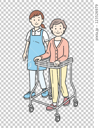 Full-body illustration of a young woman assisting an elderly woman with a walker 123526979
