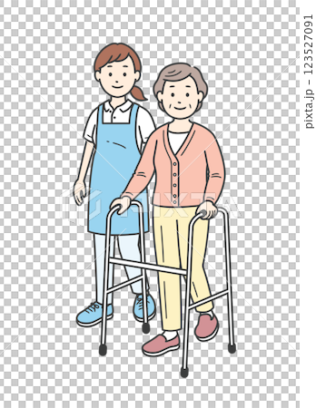 Full-body illustration of a young woman assisting an elderly woman with a walker 123527091