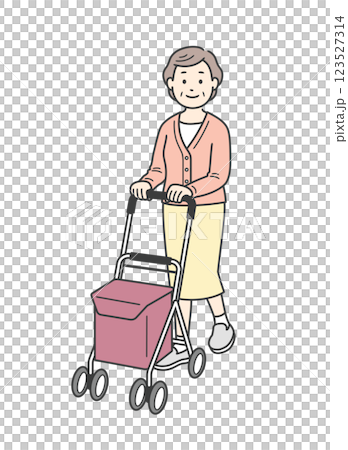 一位老年婦女推著一輛銀色手推車行走的插圖 123527314