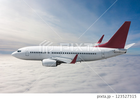 Passenger airliner flies in the air above the clouds 123527315