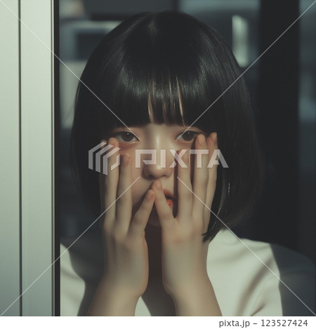 両手で顔を覆う少女 両手で顔を覆う少女 123527424