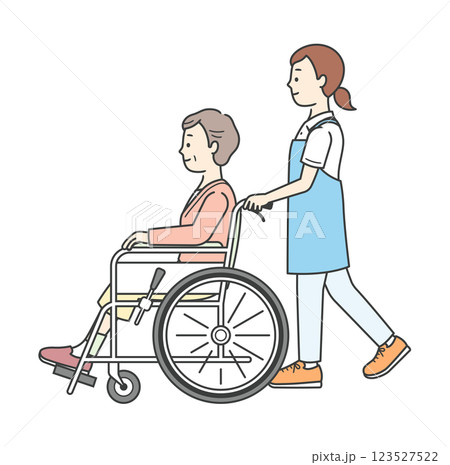車椅子の高齢女性と介助をする介護士イラスト 123527522