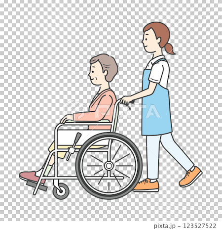 車椅子の高齢女性と介助をする介護士イラスト 123527522